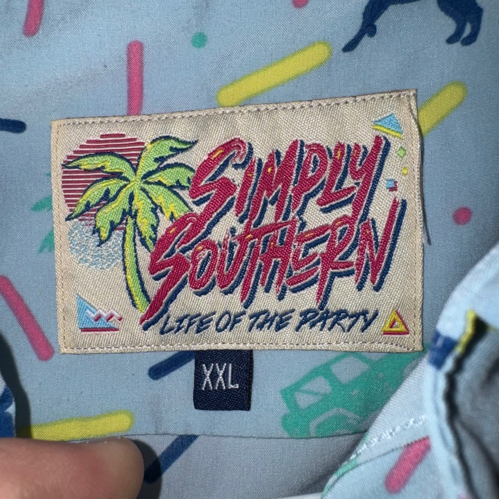 Mens XXL Simply Southern Button Down Shirt Blue Good 90s Retro Tropical Print